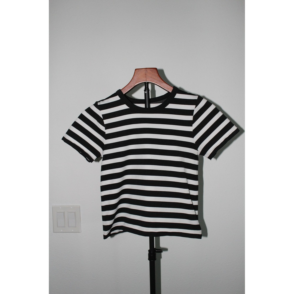 Harper & Ivy Womens Striped Ribbed Short Sleeve Seamless Tee Black White Large